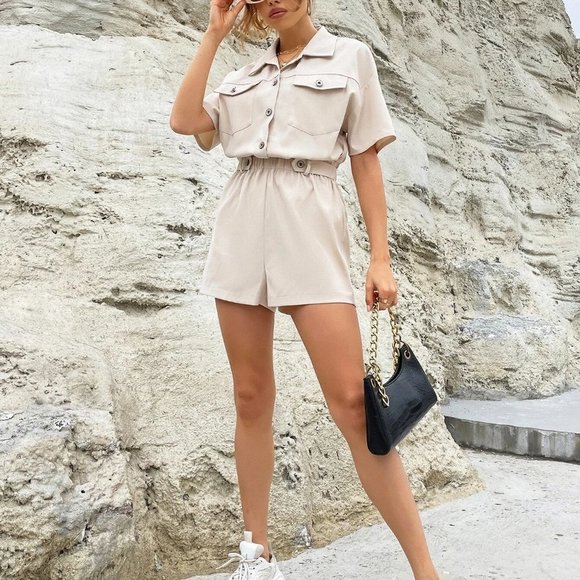 Beige Casual Womens Buttoned Front Pocket Patched Shirt Romper - Picture 5 of 5